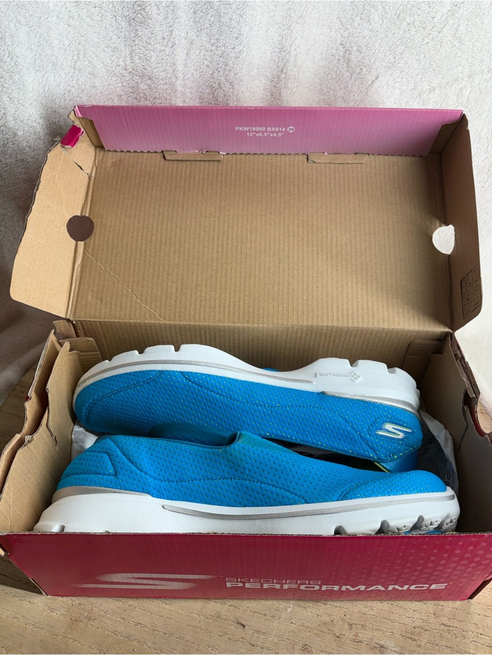 Skechers Women’s Bright Blue Slip-On Sneakers with Lime Green Lining - Picture 2 of 6